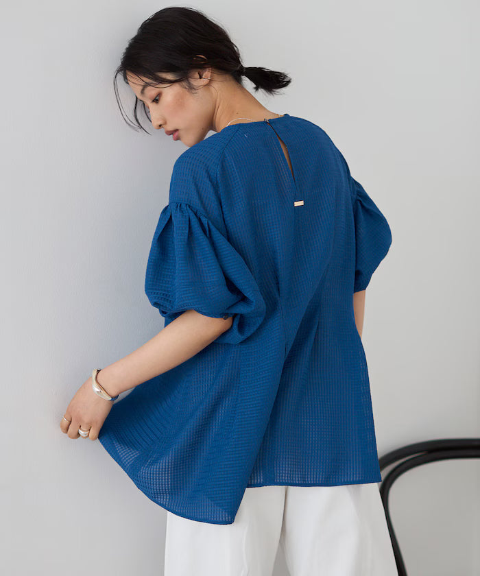 [March 11th 12:00 Release] Sheer Check Balloon Sleeve Blouse / 5-minute sleeves / Flare Silhouette