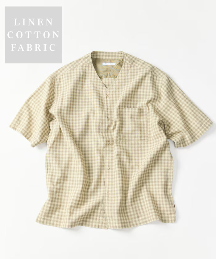 LINEN COTTON V NECK SHIRT - Beige