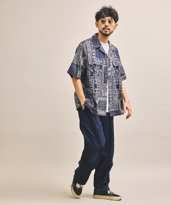 India-made Relaxed Fit Paisley Print Open Collar Short Sleeve Shirt Bandana Pattern