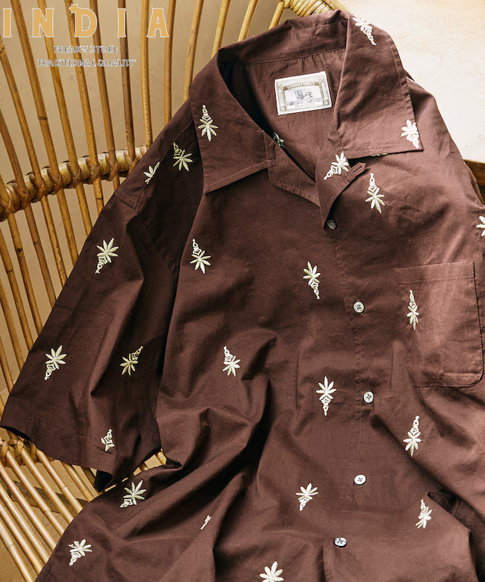 India-made all-over pattern embroidered relax-fit open collar short sleeve shirt - Brown
