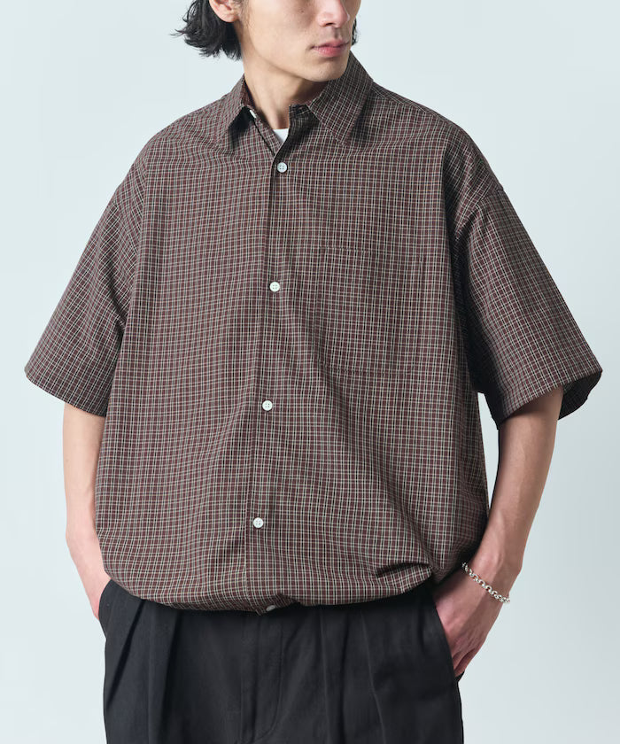 Wide silhouette spindle regular collar short sleeve shirt / hem code [limited edition] - Brown Check