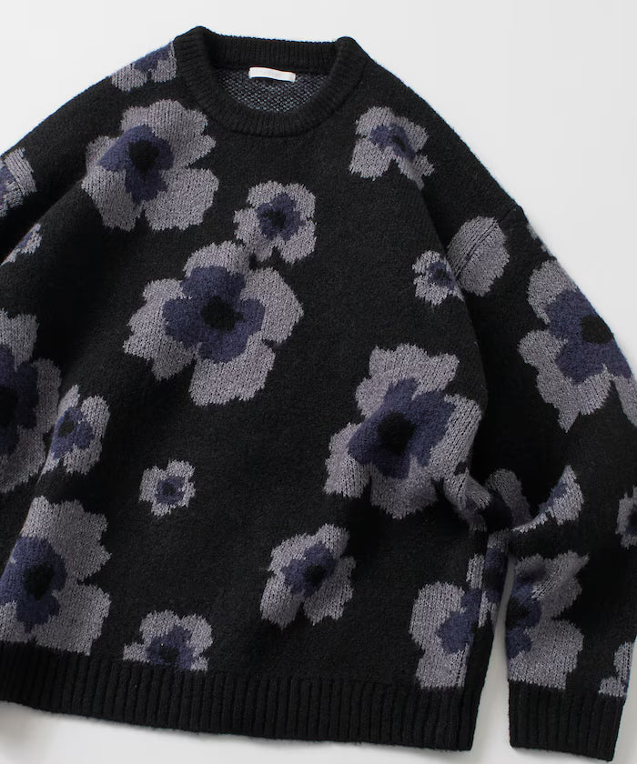 All-over Pattern Double Jacquard Knit Crew Neck Pullover / Relaxed Fit