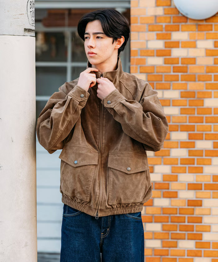 Washed processed leather red stand collar zip-up short blouson