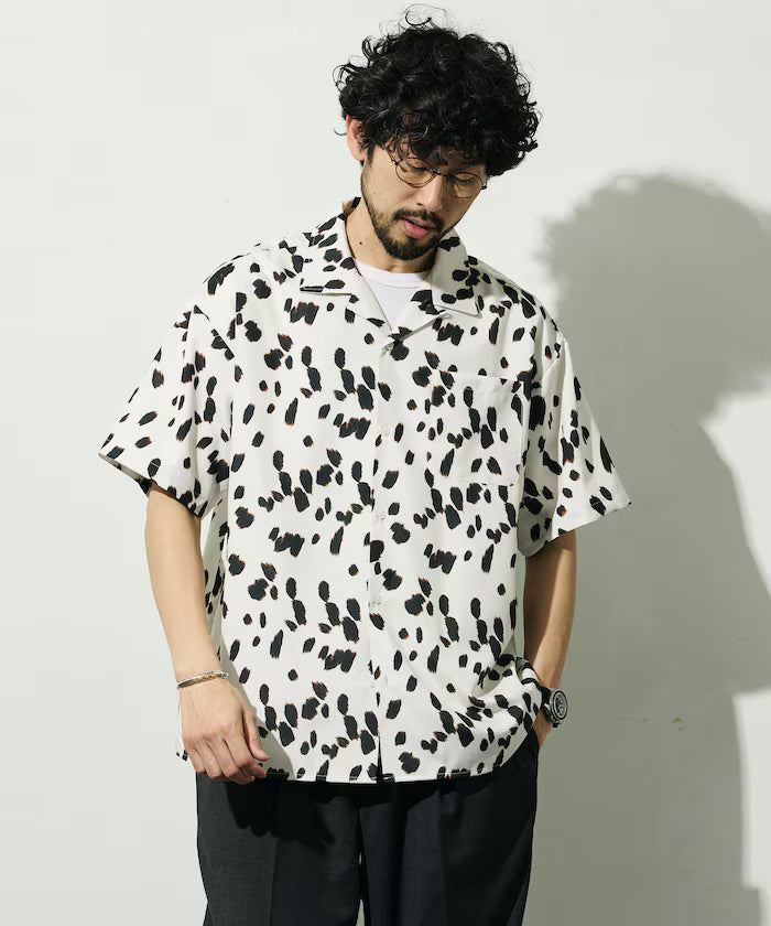 Open collar pattern short sleeve shirt / all-over design open collar shirt / compatible with set-up
