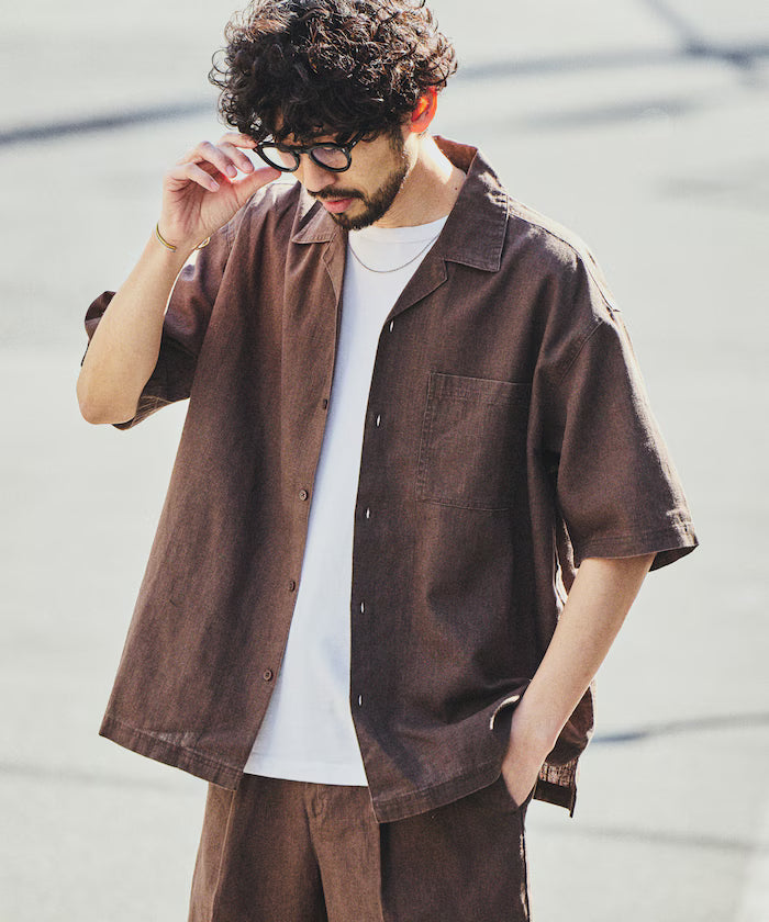 LINEN COTTON OPEN COLLAR SS SHIRT