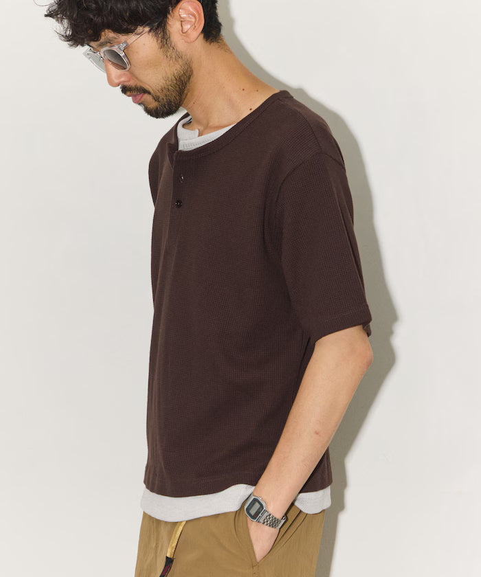 Waffle Fake Layered Henry Neck T-Shirt