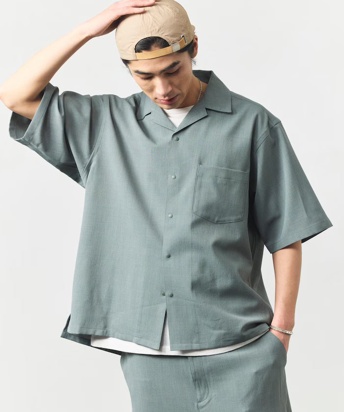 [New Color Addition] Quick-Dry Material Relaxed Fit Open Collar Short Sleeve Shirt Linen-Like