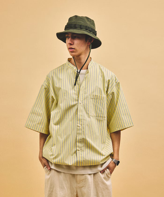 Typewriter Spindle Band Collar Stripe Short Sleeve Shirt
