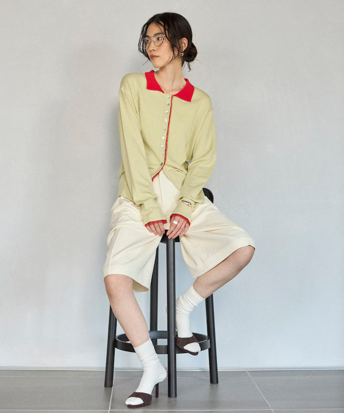 Color Design Fake Layered Long Sleeve Polo Knit Cardigan