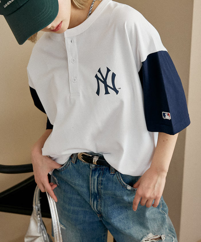 Limited Edition Custom MLB Logo Print Henley Neck Oversized T-Shirt - Off White