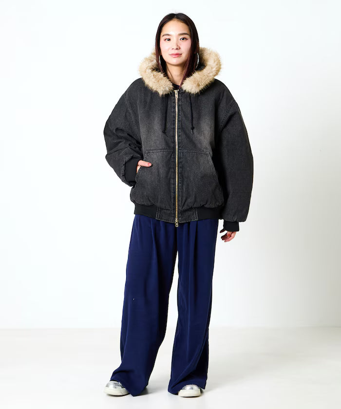 2way fake fur zip-up padded hooded jacket with detachable fur