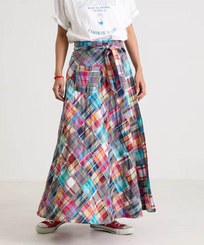 Indian patchwork check wrap skirt