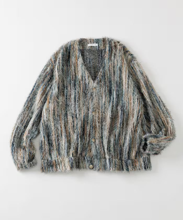Relaxed Fit Shaggy Knit Multi-Stripe Cardigan