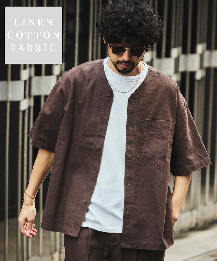 LINEN COTTON V NECK SHIRT - Brown