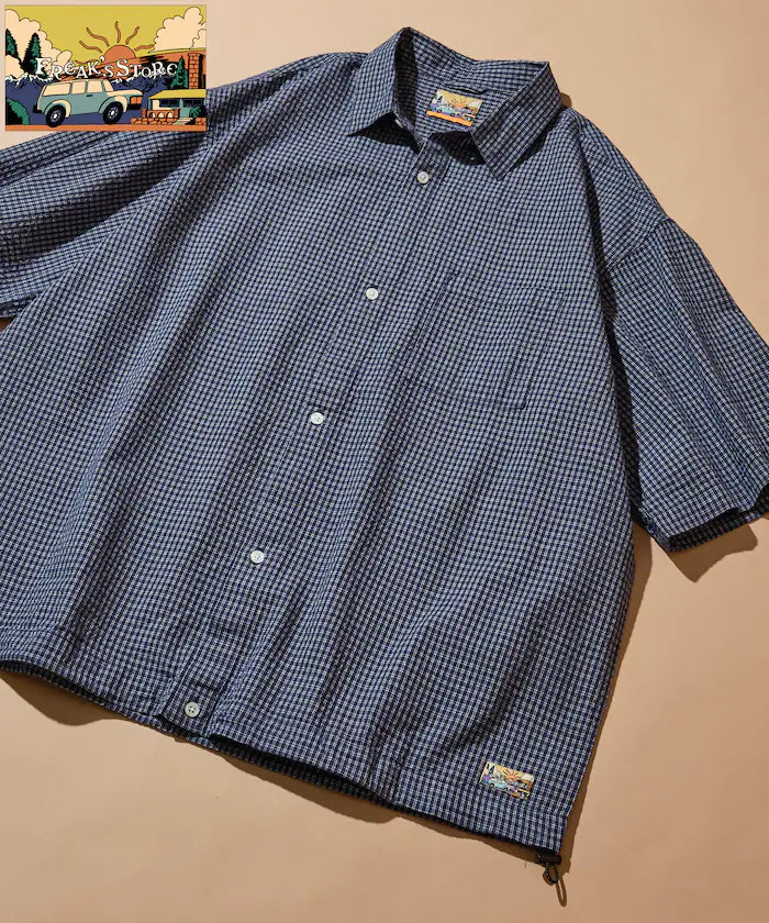 FREAK'S STORE for BEACH & FES Seersucker Spindle Regular Collar Short Sleeve Shirt - Blue Check