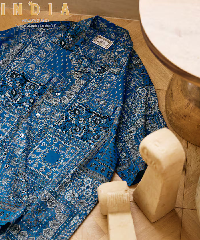 India-made Relaxed Fit Paisley Print Open Collar Short Sleeve Shirt Bandana Pattern