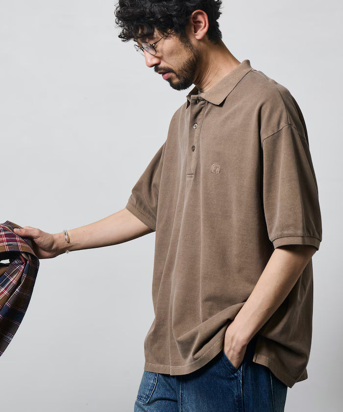 Big Silhouette Vintage Process One Point Embroidery Short Sleeve Polo Shirt - Brown