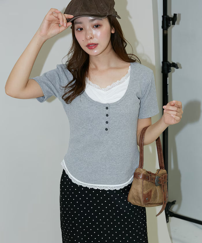Short Sleeve Lace Layered Style Henley Neck T-Shirt Limited Edition