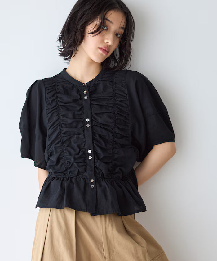 Sheer Shirring Volume Sleeve Blouse / 5 Short Sleeves - Black