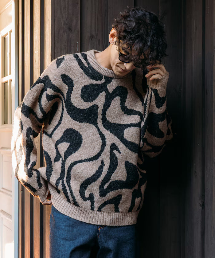 All-over Pattern Double Jacquard Knit Crew Neck Pullover / Relaxed Fit