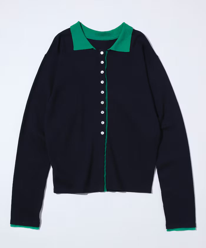 Color Design Fake Layered Long Sleeve Polo Knit Cardigan