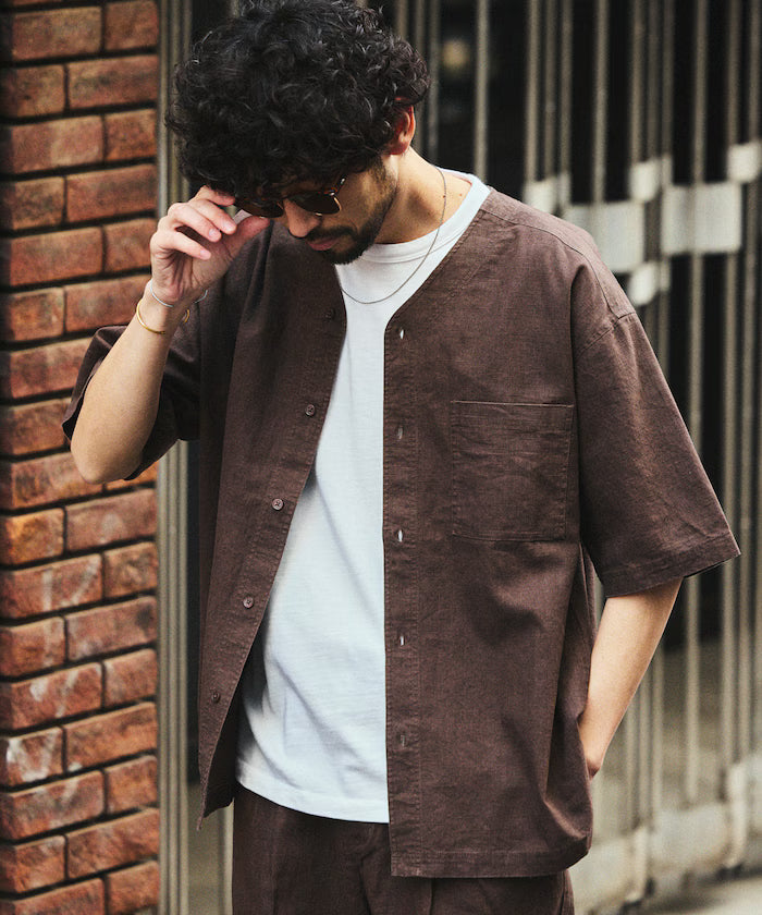 LINEN COTTON V NECK SHIRT