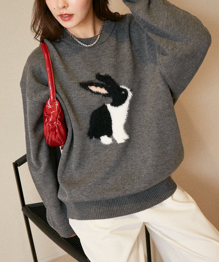 Shaggy Embroidered Rabbit Design Knit Limited Edition - Charcoal Gray