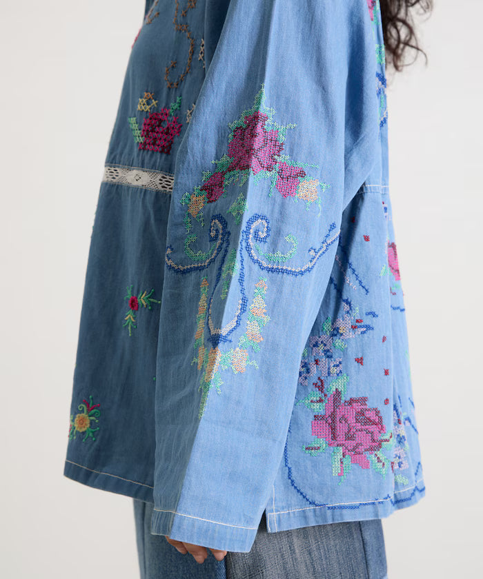 Open Collar Embroidered Shirt Jacket