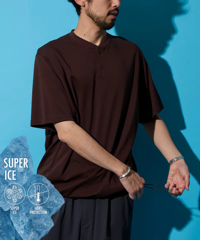 SUPER ICE / Super Ice Henry Neck Spindle T-Shirt Contact Cold Sensation / Quick Drying / UV Cut - Brown