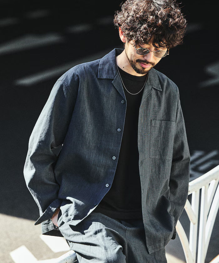 LINEN COTTON OPEN COLLAR SHIRT【Compatible with setups】