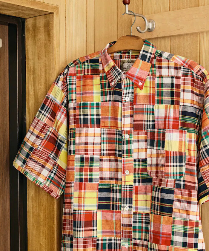 Indian-made Relaxed Fit Madras Check Patchwork Button-down Short Sleeve Shirt