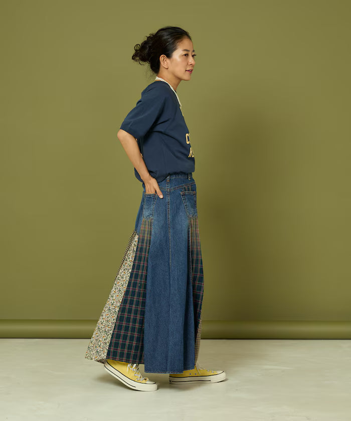 Side Front Denim Color Block Flared Skirt