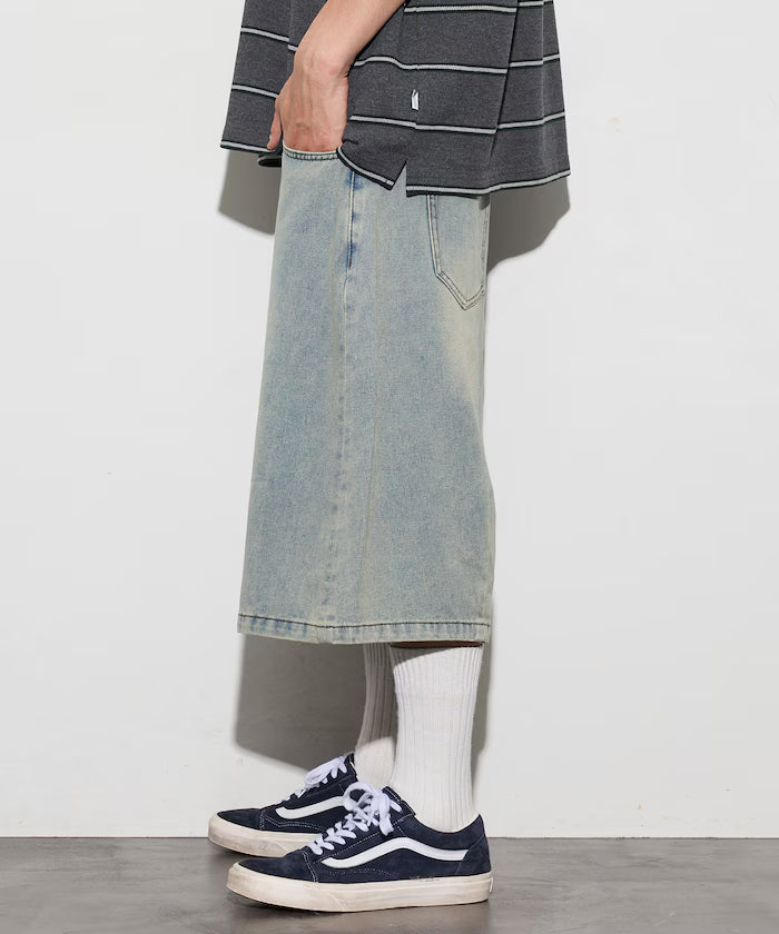 Wide Silhouette Vintage Processed Cropped Curve Denim Shorts