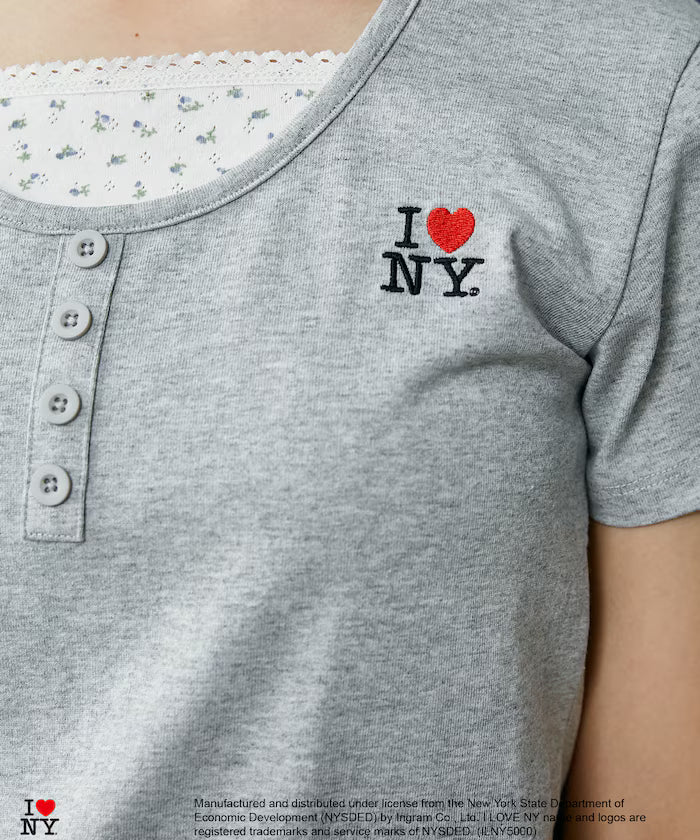 I LOVE NY Floral Pattern Layered Style Henley Neck T-Shirt Limited Edition