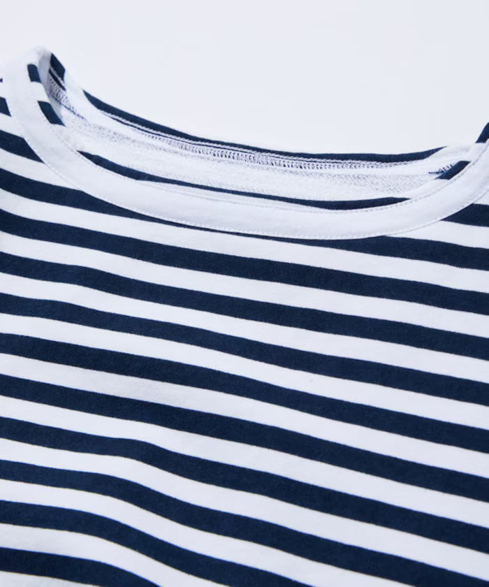 Boat Neck Horizontal Stripe french terry Long Sleeve Tee