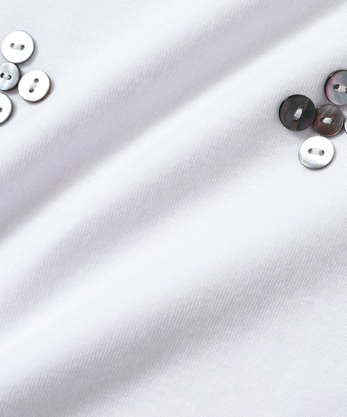Shell Button Flower Motif Cotton Modal T-Shirt