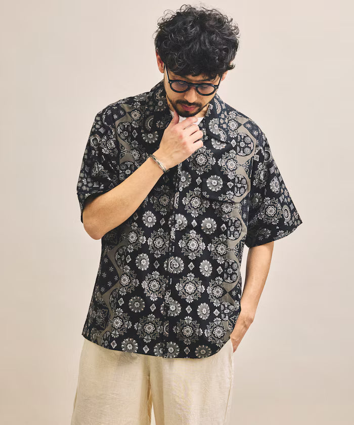 [New color added] Indian-made Relaxed Fit Batik Pattern Print Open Collar Shirt Short Sleeve Small Pattern