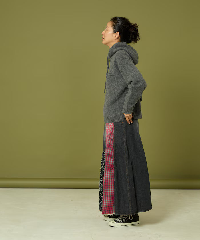 Side Front Denim Color Block Flared Skirt