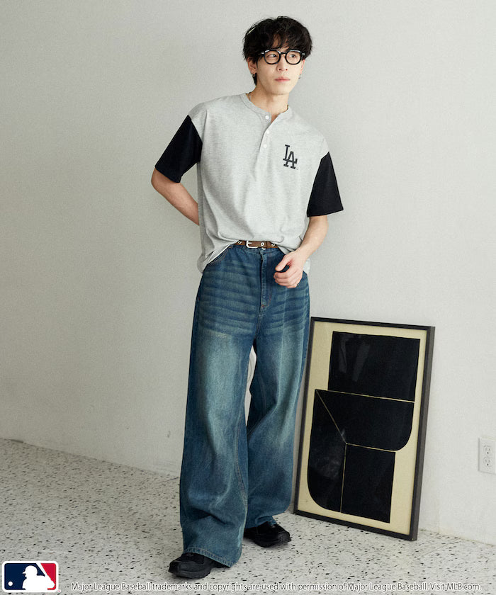 Limited Edition Custom MLB Logo Print Henley Neck Oversized T-Shirt