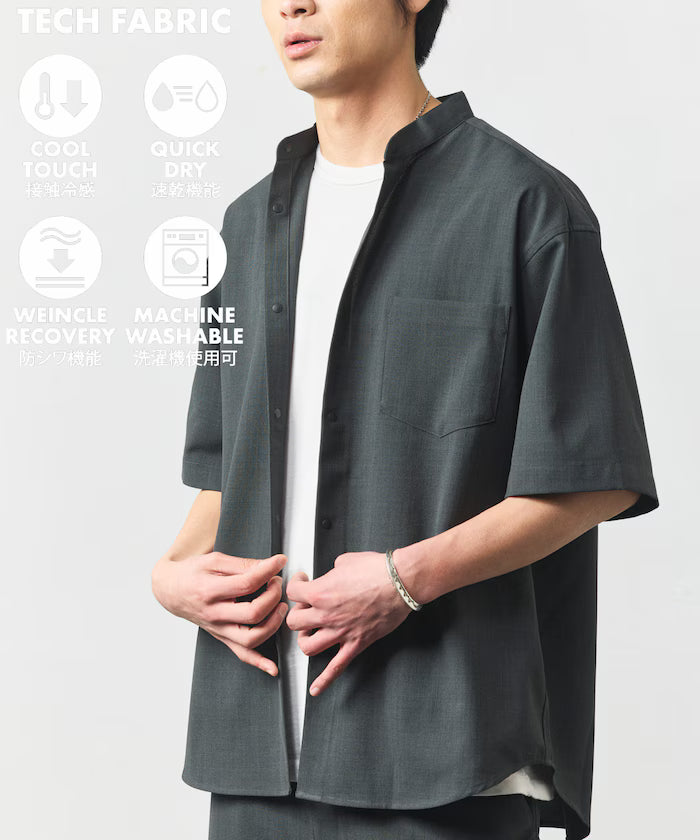 [New Color Added] Quick-Dry Material Relaxed Fit Band Collar Shirt Short Sleeve Linen Feel - Charcoal Gray