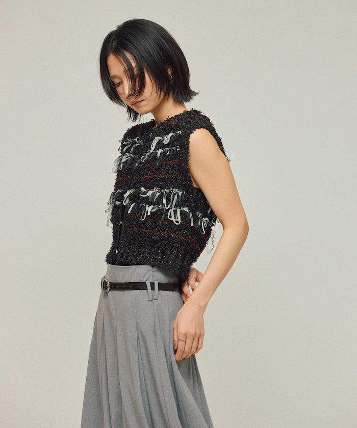 Mixed Material Fringe Knit Vest / Striped Knit Vest 25AW