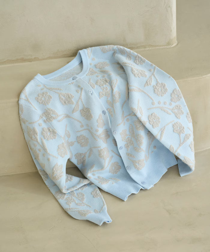 Flower Jacquard Knit Cardigan - Sax Blue