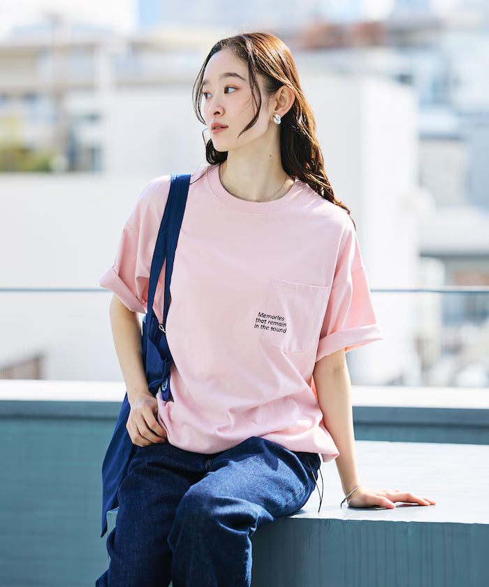 Big silhouette one-point embroidery back print hem code pocket T-shirt [Limited Edition]