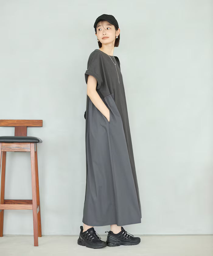 Organic Cotton Mixed Material Docking Gathered Dress