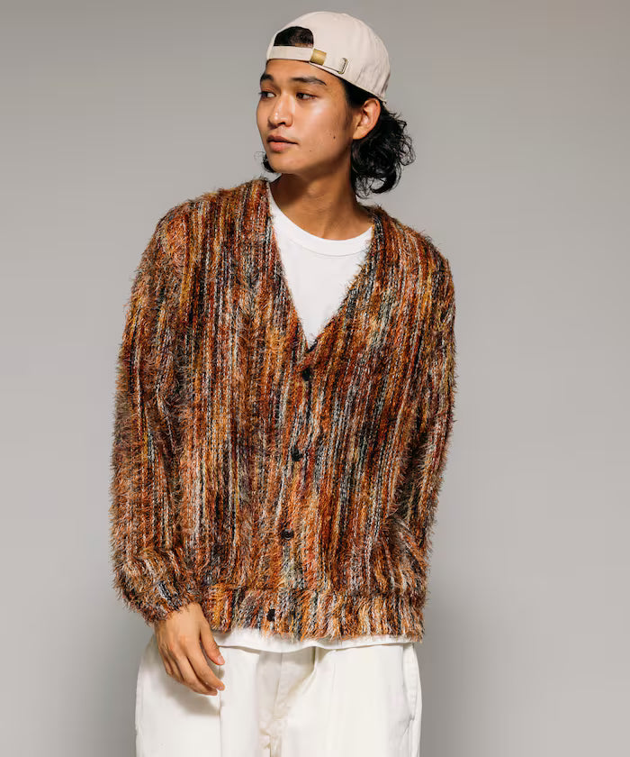 Relaxed Fit Shaggy Knit Multi-Stripe Cardigan