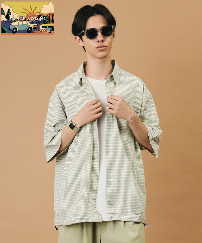 FREAK'S STORE for BEACH & FES Seersucker Spindle Regular Collar Short Sleeve Shirt - White Check