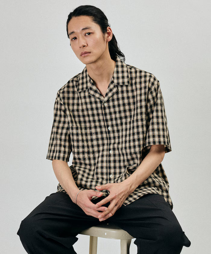 Dobby Woven Check Relaxed Open Collar Short Sleeve Shirt