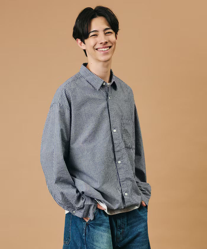 FREAK'S STORE for BEACH & FES Seersucker Spindle Regular Collar Long Sleeve Shirt