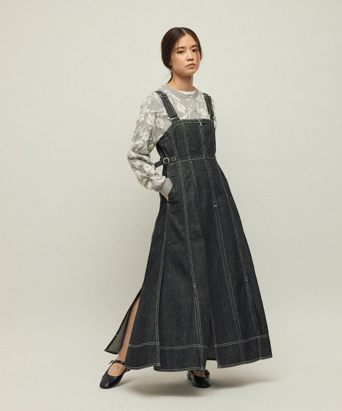Denim Mermaid Dress / A-Line Slit Denim Overall Dress / Jumper Skirt - Black