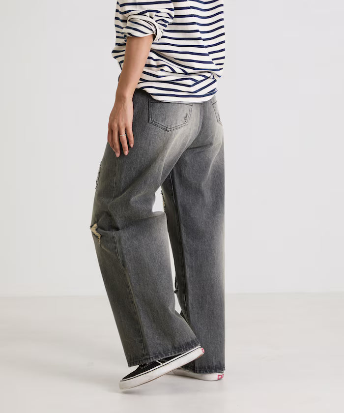 Flower Embroidery Wide Denim